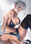  1girl animal_ears arm_strap bangs bare_shoulders belt bikini black_bikini black_legwear blue_eyes blue_shorts body_markings breasts caenis_(fate) choker cleavage collarbone commentary dark_skin denim denim_shorts dog_tags fate/grand_order fate_(series) hair_intakes hairband highres imizu_(nitro_unknown) jacket knee_up large_breasts looking_at_viewer navel off_shoulder short_hair short_shorts shorts simple_background sitting solo swimsuit tattoo thighhighs thighs white_background white_hair white_jacket 