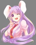  1girl ;d animal_ears artist_name bangs blush breasts bunny_ears carrot commentary_request cropped_torso eyebrows_visible_through_hair grey_background hand_up kue large_breasts long_hair looking_at_viewer necktie one_eye_closed open_mouth pink_shirt puffy_short_sleeves puffy_sleeves purple_hair red_eyes red_neckwear reisen_udongein_inaba shirt short_sleeves simple_background smile solo touhou twitter_username upper_body w wing_collar 