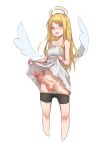  1other 41_(chvinyau) absurdres angel_wings bare_shoulders bike_shorts bike_shorts_pull blonde_hair blue_eyes blush broken_halo collarbone crimvael dress dress_lift erection halo hermaphrodite highres ishuzoku_reviewers lifted_by_self long_hair looking_at_viewer navel open_mouth penis precum pussy pussy_juice simple_background solo testicles uncensored white_background white_dress wings 