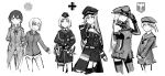  6+girls aiguillette armband balkenkreuz bismarck_(kantai_collection) coat country_connection cowboy_shot cropped_legs erica_hartmann garrison_cap gertrud_barkhorn girls_frontline greyscale hand_on_headwear hat highres iron_cross jacket kantai_collection long_hair long_sleeves military military_uniform monochrome mp40_(girls_frontline) multiple_girls no_pants one_eye_closed peaked_cap rampart1028 short_hair simple_background smile stg44_(girls_frontline) strike_witches thighhighs twintails uniform white_background world_witches_series z1_leberecht_maass_(kantai_collection) 