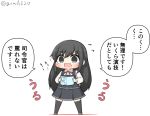  1girl asashio_(kantai_collection) belt black_hair black_legwear blue_eyes book chibi commentary_request dress full_body goma_(yoku_yatta_hou_jane) kantai_collection long_hair long_sleeves neck_ribbon open_mouth pinafore_dress red_ribbon remodel_(kantai_collection) ribbon shirt simple_background solo standing thighhighs translation_request twitter_username white_background white_shirt 