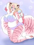  2020 3:4 4_toes 5_fingers ajna big_breasts blue_eyes breasts clothing digital_media_(artwork) eyebrows eyelashes felid fingers fur hi_res huge_breasts mammal pantherine pink_body pink_fur pink_stripes seashell_bra slightly_chubby striped_body striped_fur stripes tiger toes underwear 