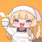  1girl :3 alternate_costume apron azur_lane bache_(azur_lane) blonde_hair bowl chibi choker commentary fang head_scarf holding holding_bowl holding_spoon long_hair open_mouth orange_background pink_choker purple_eyes rice_bowl rice_spoon simple_background smile solo spoon takatoo_kurosuke two_side_up upper_body 