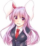  1girl angry animal_ears bangs blazer breasts bunny_ears commentary_request eyebrows_visible_through_hair frown jacket kue large_breasts long_hair looking_at_viewer necktie pink_eyes pink_hair red_neckwear reisen_udongein_inaba simple_background solo teardrop touhou upper_body wavy_mouth white_background 