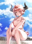  1girl animal_ears bangs bikini blue_sky blush breasts cleavage cloud cloudy_sky cow_ears cow_horns day draph earrings eno_yukimi granblue_fantasy highres horns huge_breasts jewelry looking_at_viewer outdoors parted_lips pointy_ears red_hair short_hair sky sturm_(granblue_fantasy) swimsuit yellow_eyes 