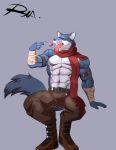  abs anthro arm_wraps armband belt bergamo blue_body blue_fur boots bottomwear brown_bottomwear brown_clothing brown_pants canid canine canis clothed clothing eating footwear fur hi_res male mammal open_mouth pants reclamon scarf simple_background solo teeth tongue tongue_out wolf wraps 