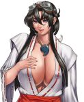  1girl black_hair breasts cleavage collarbone commentary_request goggles goggles_on_head hand_on_own_chest highres huge_breasts japanese_clothes koyori lips long_hair looking_at_viewer magatama miko original parted_lips purple_eyes ryotatsuryu sengoku_ace simple_background smile solo upper_body white_background 