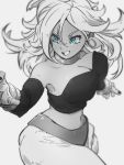 1girl android_21 black_nails blue_eyes breasts choker cleavage detached_sleeves dragon_ball dragon_ball_fighterz greyscale hair_between_eyes kemachiku large_breasts long_hair majin_android_21 midriff monochrome nail_polish navel smile solo 