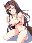 1girl animal_ears barefoot bikini blush breasts brown_hair deego_(omochi_bazooka) fang highres imaizumi_kagerou kneeling large_breasts long_hair looking_at_viewer open_mouth red_eyes side-tie_bikini simple_background solo swimsuit tail touhou white_background wolf_ears wolf_tail 