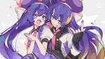  2girls \m/ black_shirt blue_eyes blue_hair commentary dual_persona eel_hat eighth_note facial_tattoo fang grin hands_together highres jacket long_hair looking_at_viewer multiple_girls musical_note musical_note_print nail_polish necktie open_mouth otomachi_una pink_neckwear purple_headwear purple_nails purple_vest school_uniform shirt short_sleeves signature smile star starry_background tattoo twintails upper_body very_long_hair vest vocaloid wanaxtuco white_jacket white_shirt 