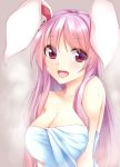  1girl animal_ears bangs breasts bunny_ears cleavage collarbone commentary_request eyebrows_visible_through_hair kue large_breasts long_hair looking_at_viewer naked_towel open_mouth purple_hair red_eyes reisen_udongein_inaba simple_background solo steam touhou towel upper_body wet wet_hair white_towel 