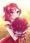  1girl 2020 bangs blush bouquet bow braid closed_mouth commentary_request dress eyebrows_visible_through_hair flower hair_between_eyes hair_bow highres holding holding_bouquet long_hair love_live! love_live!_school_idol_project mono_land nishikino_maki pleated_dress purple_eyes red_bow red_flower red_hair red_rose rose signature smile solo sparkle_background striped striped_bow swept_bangs 