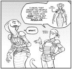  agent_torque bandanna big_breasts breasts clothed clothing dialogue duo english_text female hand_on_hip human letterbox low_res male mammal mcnostril monochrome naga reptile scalie serpentine size_difference smaller_male snake text video_games viper_(x-com) wide_hips x-com x-com:_chimera_squad 