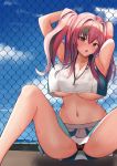  1girl :o armpits arms_behind_head arms_up ass azur_lane bangs bare_legs bare_shoulders black_panties blue_sky blush breasts bremerton_(azur_lane) bremerton_(scorching-hot_training)_(azur_lane) chain-link_fence cleavage cloud collarbone collared_shirt commentary_request cowboy_shot crop_top crop_top_overhang day eyebrows_visible_through_hair fence green_skirt grey_hair groin hair_between_eyes hair_intakes head_tilt highres large_breasts long_hair looking_at_viewer midriff mikoto_paint multicolored_hair navel no_mole nose_blush ocean outdoors panties pantyshot pink_eyes pink_hair see-through shadow shirt sidelocks sitting skirt sky sleeveless sleeveless_shirt solo sportswear spread_legs streaked_hair sweat tennis_uniform twintails two-tone_hair two-tone_shirt two-tone_skirt underboob underwear wet wet_clothes wet_shirt white_shirt white_skirt 