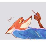  2020 anthro canid canine cellphone clothed clothing disney fox fur holding_cellphone holding_object holding_phone letterbox lying mammal nick_wilde on_back orange_body orange_fur painting_(artwork) phone red_fox solo strawberry628_(artist) traditional_media_(artwork) watercolor_(artwork) zootopia 