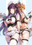  2girls alternate_costume alternate_hairstyle apron arm_strap ass ass_cutout back-to-back bare_shoulders breasts brown_hair butt_crack cleavage cleavage_cutout commentary_request cowboy_shot crop_top double_bun enmaided eyebrows_visible_through_hair from_below frown girls_frontline green_eyes hair_between_eyes hair_ribbon half_updo large_breasts long_hair looking_at_viewer m1903_springfield_(girls_frontline) maid maid_apron maid_headdress midriff multiple_girls one_side_up parted_lips purple_hair qian_wu_atai red_eyes ribbon sidelocks skindentation sleeveless smile thighhighs thighs tray underboob_cutout wa2000_(girls_frontline) waist_apron white_apron white_legwear wing_collar 