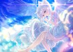  angel aqua_eyes barefoot blush clouds dress hou_no_ka long_hair original sky twintails watermark white_hair wings 