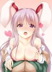  1girl :o animal_ears bangs blush bra breasts bunny_ears cleavage commentary_request eyebrows_visible_through_hair gradient gradient_background heart kue large_breasts long_hair long_sleeves looking_at_viewer nose_blush off_shoulder open_mouth pink_background pink_bra purple_hair red_eyes reisen_udongein_inaba shirt solo strap_slip touhou underwear upper_body white_shirt 