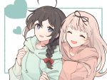  2girls ahoge alternate_costume black_hair black_ribbon blonde_hair blue_eyes braid brown_sweater closed_eyes commentary_request green_sweater hair_over_shoulder hair_ribbon heart hood hooded_sweater hoodie kantai_collection long_hair multiple_girls ribbon shakemi_(sake_mgmgmg) shigure_(kantai_collection) single_braid smile straight_hair sweater two-tone_background upper_body yuudachi_(kantai_collection) 