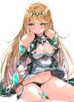  1girl black_panties blonde_hair blush breasts chest_jewel cleavage cleavage_cutout closed_mouth commentary_request eyebrows_visible_through_hair gem gloves headpiece hikari_(xenoblade_2) large_breasts long_hair looking_at_viewer navel panties sitting solo tomura2maru underwear white_gloves xenoblade_(series) xenoblade_2 yellow_eyes 