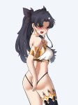  1girl 572816 absurdres armlet ass asymmetrical_legwear back bangs bare_shoulders black_bikini_bottom black_bow black_hair black_legwear blush bow breasts detached_collar earrings fate/grand_order fate_(series) finger_to_mouth hair_bow highres hoop_earrings index_finger_raised ishtar_(fate)_(all) ishtar_(fate/grand_order) jewelry large_breasts long_hair looking_at_viewer looking_back neck_ring open_mouth parted_bangs red_eyes shushing simple_background single_thighhigh solo thighhighs thighs tiara two_side_up white_background white_bikini_top 