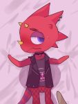  3:4 8yuunolfyipqsqj animal_crossing anthro bed blush c.j._(animal_crossing) chameleon choker duo flick_(animal_crossing) furniture goth jewelry lizard lying male male/male necklace nervous nintendo on_back on_bed red_body red_scales reptile scales scalie shadow video_games 