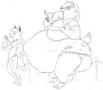  abdominal_bulge anthro belly big_belly big_breasts big_butt breasts butt canid canine cheek_bulge female female_pred fox group hoodah hyaenid larger_female male mammal monochrome multiple_prey neck_bulge oral_vore overweight overweight_female size_difference smaller_male struggling swallowing thick_thighs vore 