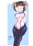  2020 breasts brown_hair cev chibi clitoris clothed clothing demon female genitals hair hi_res horn horned_humanoid humanoid looking_at_viewer low-angle_view markings nipples pussy radio ribbons rubber short_hair simple_background skimpy smile solo yellow_eyes 