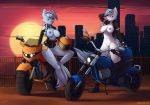  absurd_res anthro armor big_breasts blue_body blue_hair breasts city duo equid female genitals hair headgear helmet hi_res horn looking_at_viewer mammal motorcycle my_little_pony nipples pose pussy redwix sitting sunset unicorn vehicle 