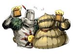  +++ 2boys alcohol arm_around_shoulder armor beer beer_mug breastplate cup dark_souls facing_viewer full_armor fur_trim gauntlets helmet holding holding_cup hug mug multiple_boys ruukii_drift siegmeyer_of_catarina simple_background solaire_of_astora souls_(from_software) tabard upper_body white_background 