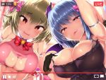 2girls animal_ears arm_up armlet armpits bangs bare_shoulders bell blue_hair blush bow breasts cat_cutout cat_ears cat_tail cleavage cleavage_cutout demon_horns demon_wings doskoinpo dress fake_animal_ears fang green_hair hair_bow heart heart-shaped_pupils highres horns jingle_bell large_breasts looking_at_viewer multiple_girls naughty_face navel original red_eyes red_neckwear skindentation smile symbol-shaped_pupils tail tongue tongue_out upper_body wings youtube 