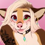  1:1 2020 blonde_hair canid canine canis collar digital_media_(artwork) domestic_dog ear_piercing ear_ring eyebrows eyelashes hair heterochromia icon low_res mammal piercing smile smileeeeeee 