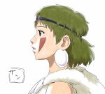 1girl anbj closed_mouth earrings facepaint facial_mark fur headband jewelry mononoke_hime necklace san short_hair simple_background solo tooth_necklace 