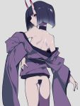  1girl ass bangs bare_shoulders bob_cut breasts collarbone eyeliner fate/grand_order fate_(series) highres horns japanese_clothes kimono long_sleeves looking_at_viewer looking_back makeup mochizuki_kei oni oni_horns purple_eyes purple_hair purple_kimono revealing_clothes short_hair shuten_douji_(fate/grand_order) simple_background skin-covered_horns small_breasts solo thighs wide_sleeves 