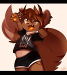  2019 4_fingers anthro black_bottomwear black_clothing black_shirt black_shorts black_topwear bottomwear brown_body brown_ears brown_fur brown_hair brown_hands brown_horn brown_inner_ear brown_markings brown_nose bulge claws clothed clothing cute_fangs dated demon digital_drawing_(artwork) digital_media_(artwork) dipstick_ears dipstick_tail ear_piercing facial_markings fingers fur gavi_(tinymunch) hair head_markings horn horn_markings hybrid inner_ear_fluff letterbox looking_at_viewer male mammal markings multicolored_ears multicolored_tail mustela mustelid musteline navel one_eye_closed open_mouth orange_eyes orange_mouth orange_pawpads orange_tongue pawpads paws piercing portrait shaded shirt shorts signature solo star stretching tail_markings three-quarter_portrait tinymunch tongue topwear tuft white_claws 