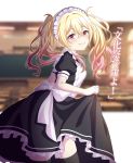  1girl absurdres alternate_costume apron bangs black_dress black_legwear blonde_hair blush breasts closed_mouth commentary_request dress enmaided frills gradient_hair hair_between_eyes highres long_hair looking_at_viewer maid maid_apron maid_headdress multicolored_hair pink_eyes pink_hair project_sekai puffy_sleeves short_sleeves skirt_hold smile solo suzu_(ng3mg) tenma_saki thighhighs translation_request twintails white_apron 