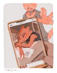  animal_crossing anthro artist blush cellphone chameleon flick_(animal_crossing) goth lizard male mucknagabe nintendo phone photographing_another red_body red_scales reptile scales scalie sleeping smartphone solo_focus video_games 