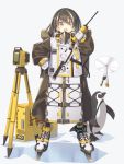  1girl arknights bangs bird brown_hair commentary_request drone gloves highres holding holding_walkie-talkie jacket long_sleeves looking_at_viewer magallan_(arknights) multicolored_hair open_mouth penguin satou_kibi shadow solo_focus streaked_hair walkie-talkie white_background white_gloves white_hair yellow_eyes 