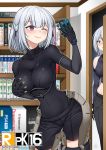  2girls ak-15_(girls_frontline) blue_eyes blush bodysuit book bookshelf box breasts cellphone door game_console gamecube girls_frontline holding holding_phone large_breasts manga_(object) meta multiple_girls neo_geo o_o one_eye_closed open_eyes peeking phone playstation_4 purple_eyes rpk-16_(girls_frontline) sega_dreamcast self_shot short_hair silver_hair smartphone smile surprised tactical_clothes takejun taking_picture yotsubato! 