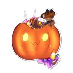  2018 3_fingers alpha_channel ambiguous_gender black_background black_clothing black_coat black_hat black_headwear brown_body brown_ears brown_fur brown_hair brown_hands brown_horn brown_inner_ear brown_markings brown_nose brown_tail candy candy_corn chibi clothed clothing coat demon digital_drawing_(artwork) digital_media_(artwork) dipstick_tail facial_markings feral fingers food fruit fur gavi_(tinymunch) glowing glowing_eyes hair halloween hat head_markings headgear headwear holding_object holidays horn horn_markings hybrid lollipop looking_at_viewer looking_down mammal markings micro multicolored_tail mustela mustelid musteline orange_eyes partially_clothed paws plant pumpkin shaded simple_background smile solo tinymunch topwear 