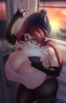  armwear big_breasts breasts clothing coffeeslice elbow_gloves elf eyewear female glasses gloves hair handwear hi_res huge_breasts humanoid humanoid_pointy_ears long_hair looking_at_viewer mammal not_furry phone red_hair solo thick_thighs tongue tongue_out wide_hips 