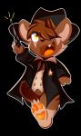  2018 3_toes 4_fingers ambiguous_gender anthro black_background black_clothing black_coat black_hat black_headwear black_ribbon brown_body brown_ears brown_feet brown_fur brown_hair brown_hands brown_inner_ear brown_markings claws clothed clothing coat cute_fangs demon digital_drawing_(artwork) digital_media_(artwork) facial_markings featureless_crotch feet fingers fur gavi_(tinymunch) gun hair hat head_markings headgear headwear hi_res hybrid looking_up mammal markings mustela mustelid musteline one_eye_closed open_mouth orange_mouth orange_pawpads orange_tongue partially_clothed pawpads paws plantigrade ranged_weapon shaded sheriff_badge shirt shooting simple_background soles solo tinymunch toe_claws toes tongue topwear walking weapon white_clothing white_shirt white_topwear 