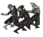  3boys armor assassin&#039;s_creed_(series) bearer_of_the_curse bloodborne boots breastplate brown_footwear chosen_undead coat covered_mouth crossover dancing dark_souls dark_souls_ii fur_trim gauntlets hat helmet hunter_(bloodborne) jojo_no_kimyou_na_bouken male_focus mask mouth_mask multiple_boys open_clothes open_coat parody ruukii_drift simple_background souls_(from_software) standing touhou tricorne vento_aureo waist_cape white_background 