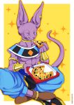 anthro beerus blue_bottomwear blue_clothing bottomwear brown_clothing brown_footwear clothed clothing domestic_cat dragon_ball dragon_ball_super ear_piercing eating eyes_closed felid feline felis fingers food footwear hairless hairless_cat hi_res holding_food holding_object holding_pizza mammal piercing pillarbox pizza pizza_slice purple_body purple_ears purple_tail simple_background solo sphynx_(cat) wolfox004 yellow_background 