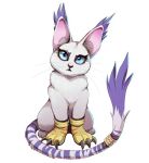  ambiguous_gender black_claws blue_eyes claws clothing confusion digimon digimon_(species) ear_tuft eyelashes felid feline feral gatomon gloves handwear mammal markings purple_markings ring sitting solo tail_markings teeth threehares tuft whiskers white_body 