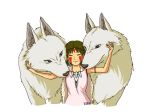  1girl animal bare_arms breasts brown_hair closed_mouth earrings facepaint facial_mark fur headband jewelry krrn mononoke_hime moro_(mononoke_hime) necklace san short_hair simple_background smile tooth_necklace white_background wolf 