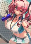  1girl azur_lane bangs bare_shoulders bottle bow breasts bremerton_(azur_lane) bremerton_(scorching-hot_training)_(azur_lane) chain-link_fence commentary_request crop_top crop_top_overhang crossed_bangs eyebrows_visible_through_hair fence from_above grey_hair hair_between_eyes hair_bow hair_ornament hairclip heart heart_necklace highres large_breasts long_hair mole mole_on_breast mole_under_eye multicolored_hair ninnin_(shishitou) pink_hair see-through solo sportswear streaked_hair tennis_uniform tongue tongue_out twintails two-tone_hair two-tone_shirt two-tone_skirt water_bottle x_hair_ornament 