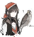  1girl 1other ? animal bird black_vest brown_eyes brown_hair falcon girls_frontline headband highres long_hair ponytail rampart1028 red_headband ribbon shirt sidelocks simple_background vest white_background white_shirt zvi_falcon_(girls_frontline) 