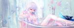  1girl absurdres air_bubble arknights artist_name bangs barefoot bathing bathtub black_headwear breasts bubble fish hair_between_eyes hair_censor hat hat_removed headwear_removed highres long_hair medium_breasts mouth_hold nude partially_submerged red_eyes sheya signature silver_hair skadi_(arknights) solo water 