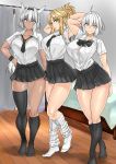  3girls alternate_costume arms_behind_head blonde_hair blue_eyes breasts caenis_(fate) contemporary fate_(series) green_eyes hand_on_hip highres jeanne_d&#039;arc_(alter)_(fate) jeanne_d&#039;arc_(fate)_(all) large_breasts leg_warmers long_hair looking_at_viewer mordred_(fate)_(all) multiple_girls no_shoes open_clothes open_shirt ponytail school_uniform short_hair smile socks thighhighs tomliat white_hair yellow_eyes 